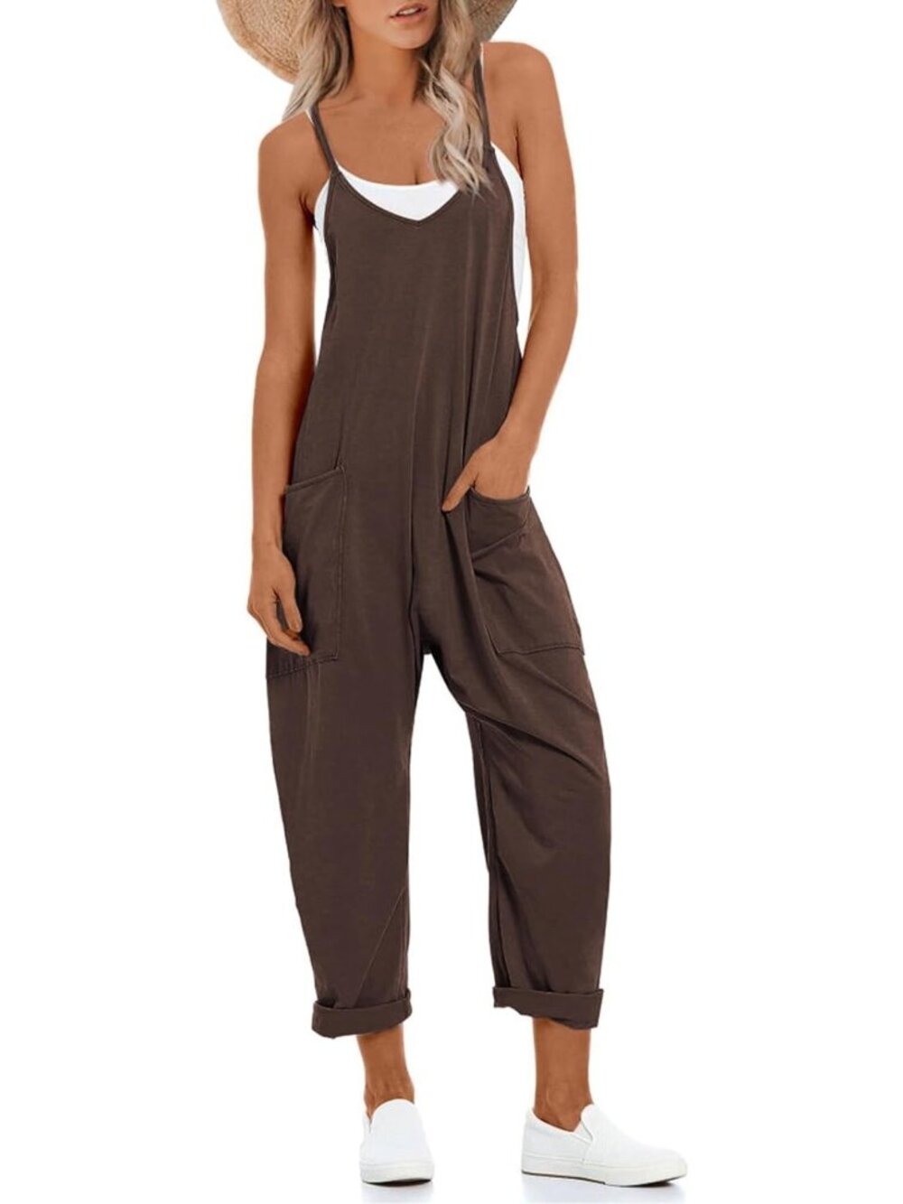 Stylish Women's V-Neck Sleeveless Jumpsuit - Stretchy Harem Romper with Pockets